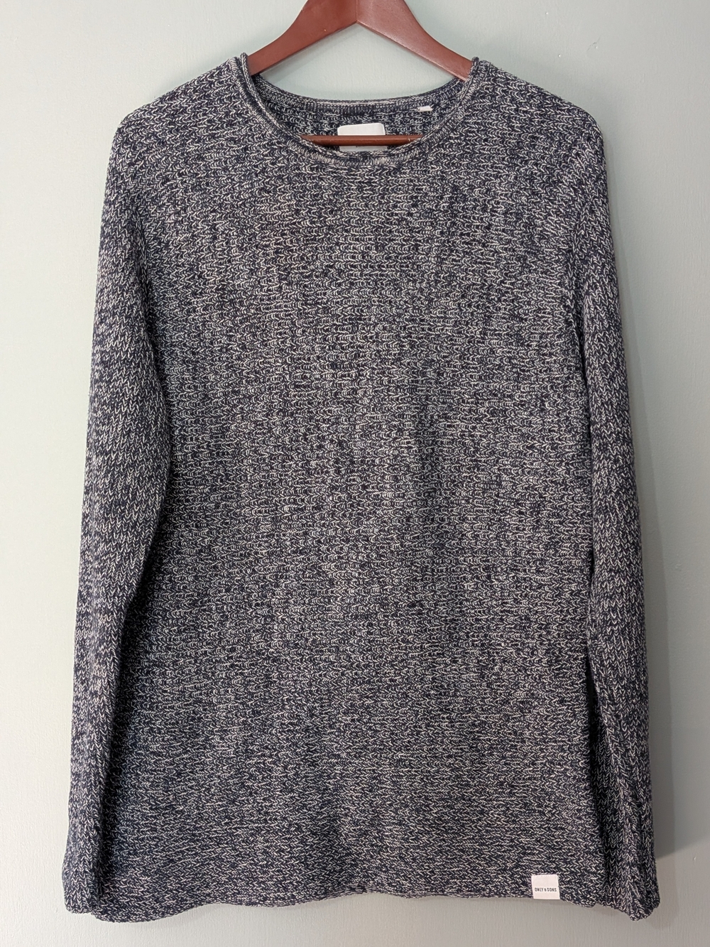 ONLY & SONS Men's Navy Heathered Crewneck Textured Knit Sweater